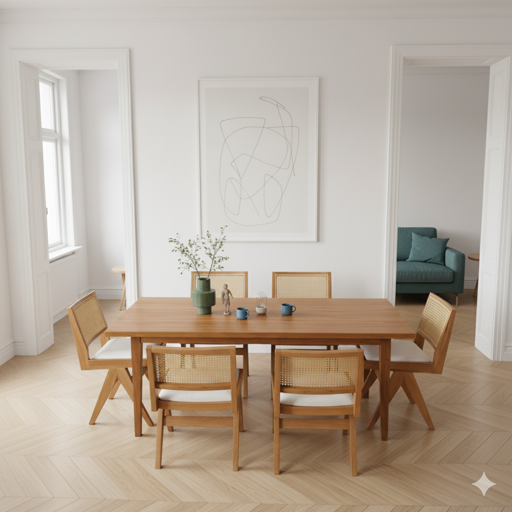Pierre Wooden Rattan Dining Chair with Upholstered Seat without Armrest