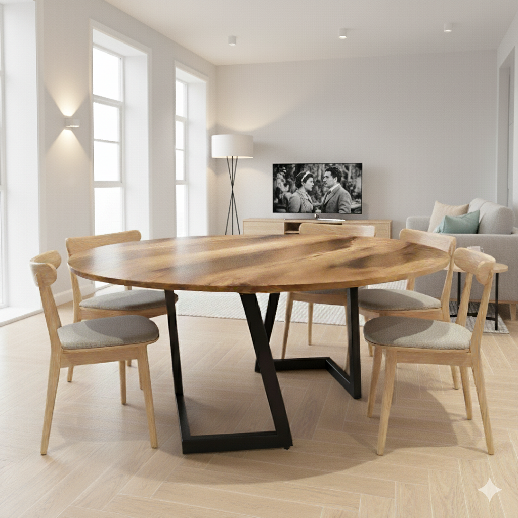Geometric Round Walnut Dining Table / 6 - 8 Seater Dining Table