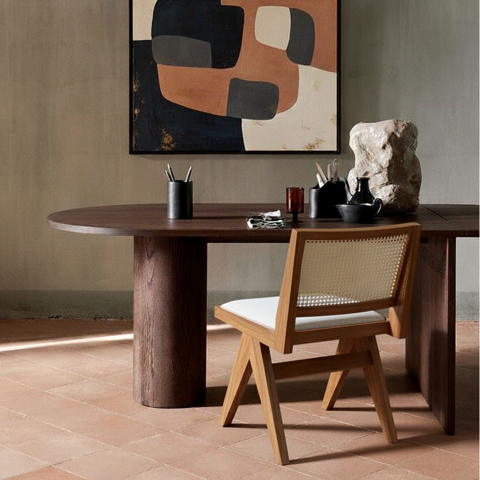 Set of 2 Pierre Wooden Rattan Dark Oak Dining Chair with Upholstered Seat without Armrest