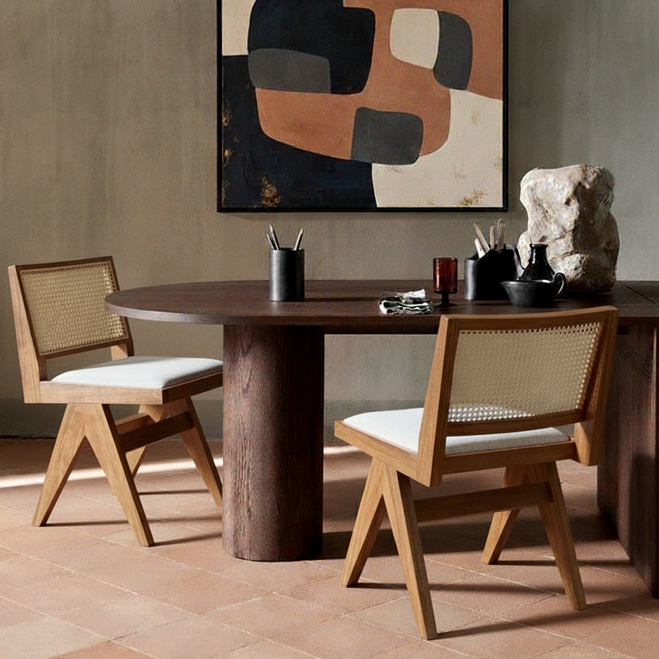 Pierre Wooden Rattan Dark Oak Dining Chair with Customised Upholstered Seat