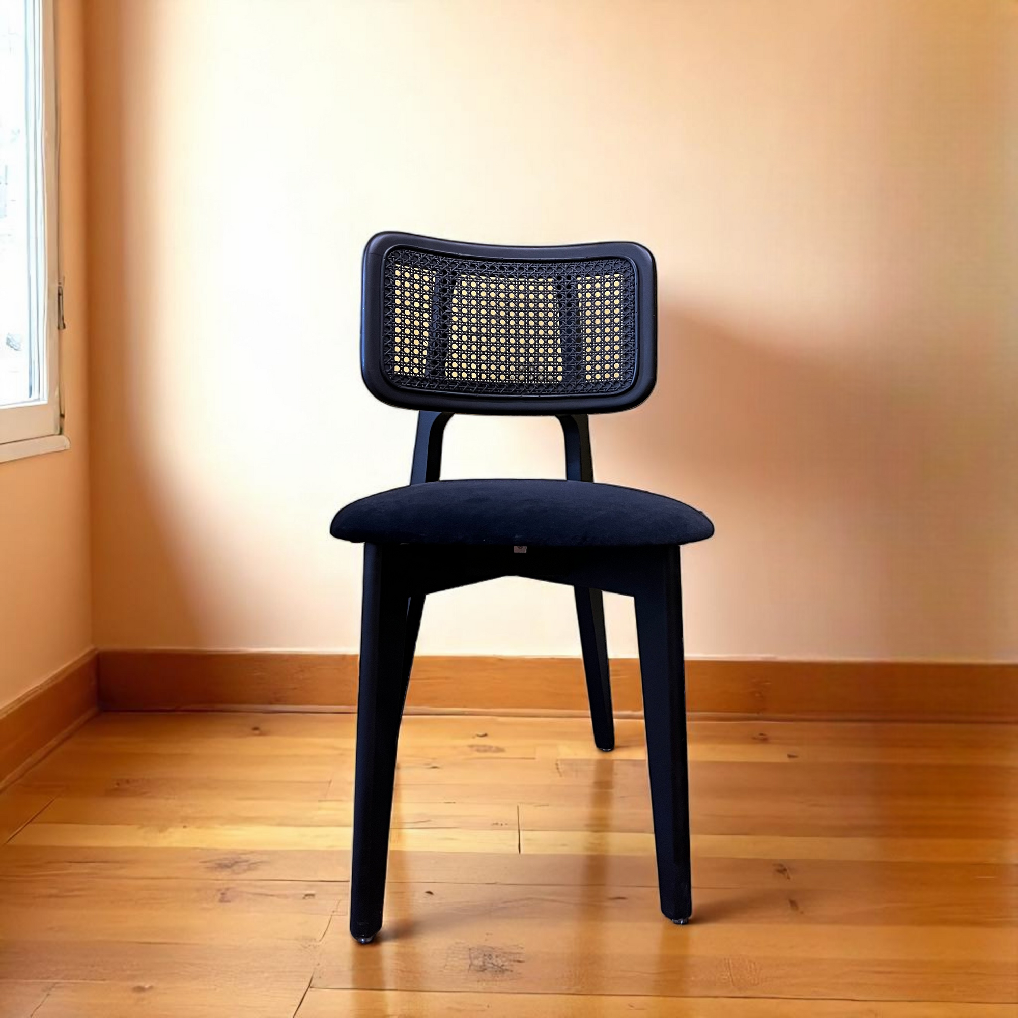 Black Wood Rattan Dining Chair with Upholstered Seat