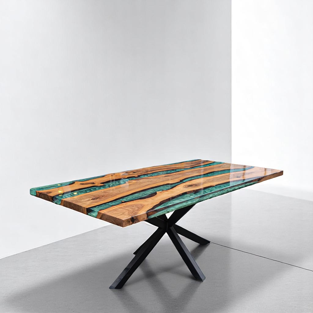 Resin River Pearl Green Epoxy Walnut Live Edge Table