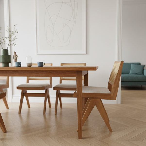 Pierre Wooden Rattan Dining Chair with Upholstered Seat without Armrest