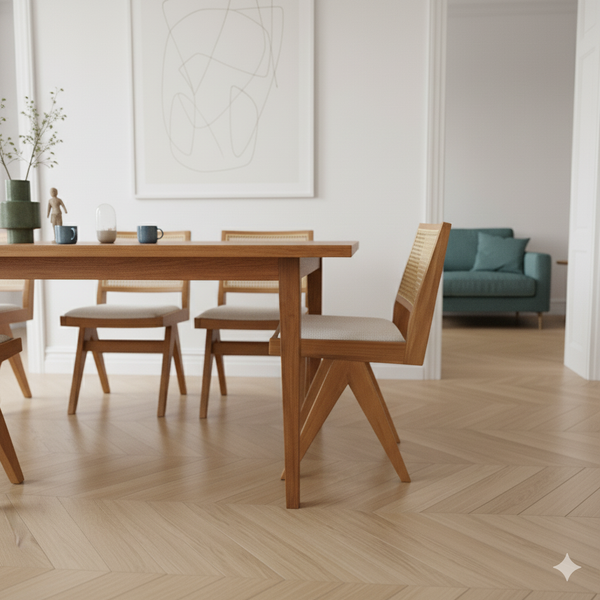 Pierre Wooden Rattan Dining Chair with Upholstered Seat without Armrest