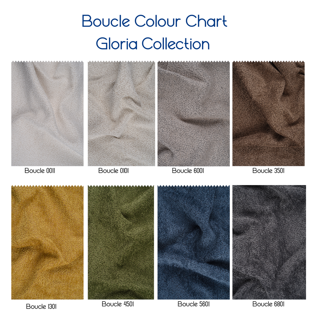 Boucle Colour Chart for Gloria Collection with various fabric swatches.