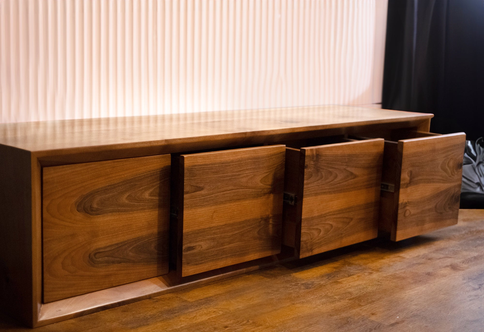 Handcrafted Solid Walnut TV Stand – One-Piece Design with 4 Seamless Drawers