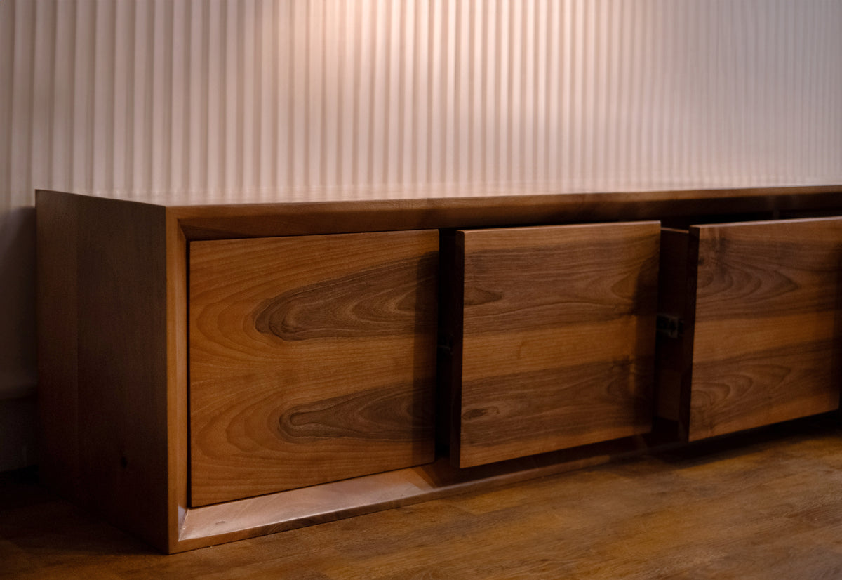 Handcrafted Solid Walnut TV Stand – One-Piece Design with 4 Seamless Drawers