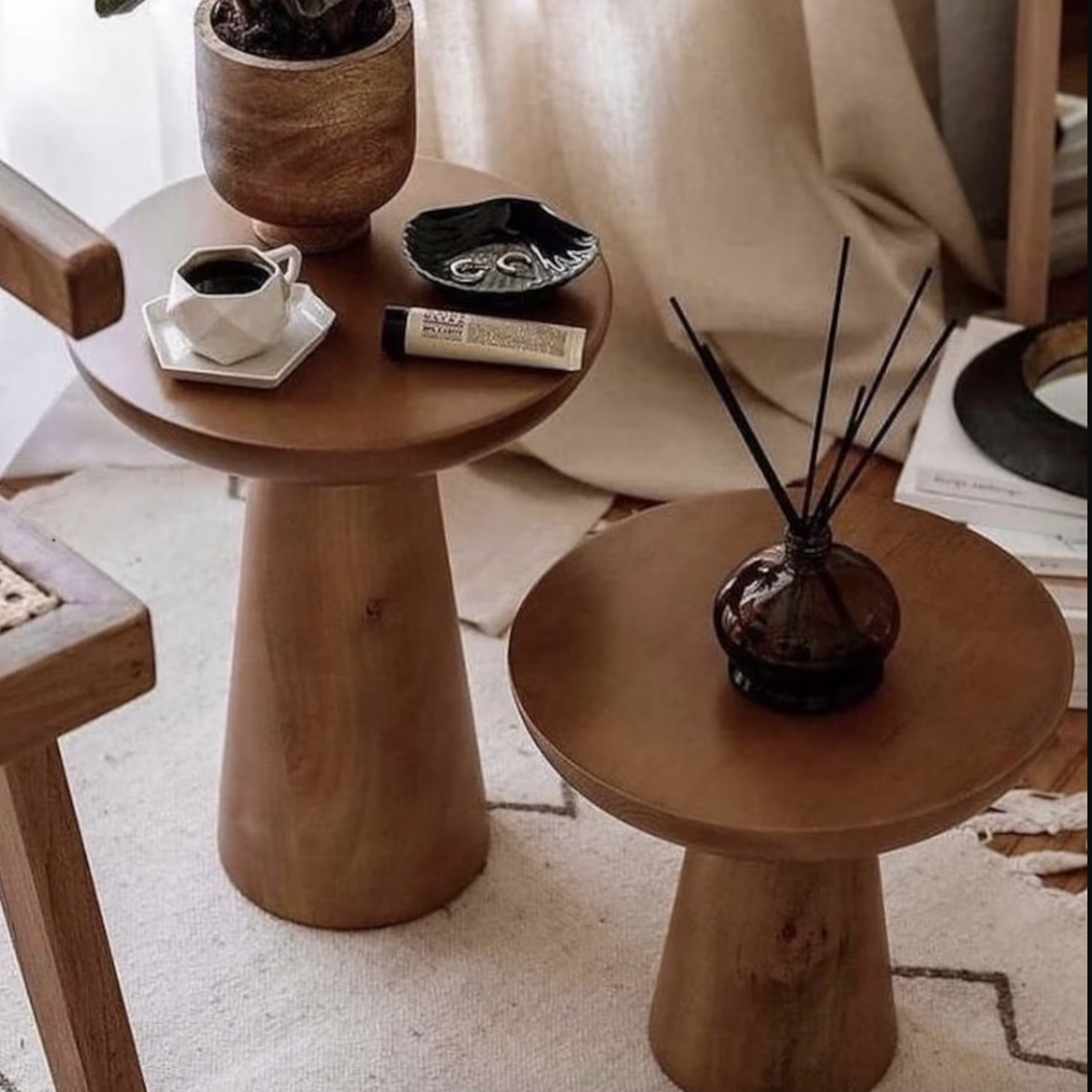 Mushroom Solid Wood Round Coffee Table | Walnut Wood  Colour End Table | Side Table