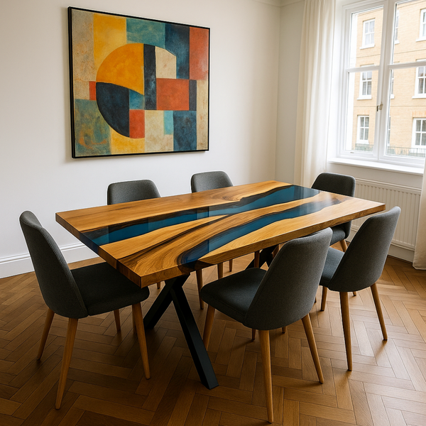 Custom-Made Live Edge Walnut Blue Epoxy Resin River Table