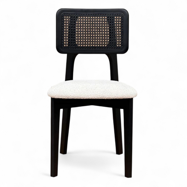 Black Wood Rattan Dining Chair with White Boucle Fabric