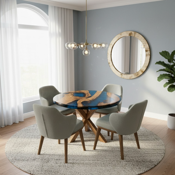 Round Walnut Blue Epoxy Resin River Table