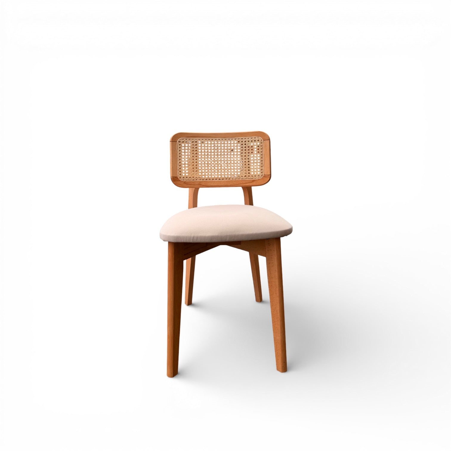 Natural Wood Rattan Dining Chair with Upholstered Seat
