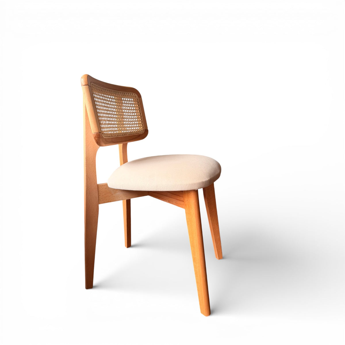 Natural Wood Rattan Dining Chair with Upholstered Seat
