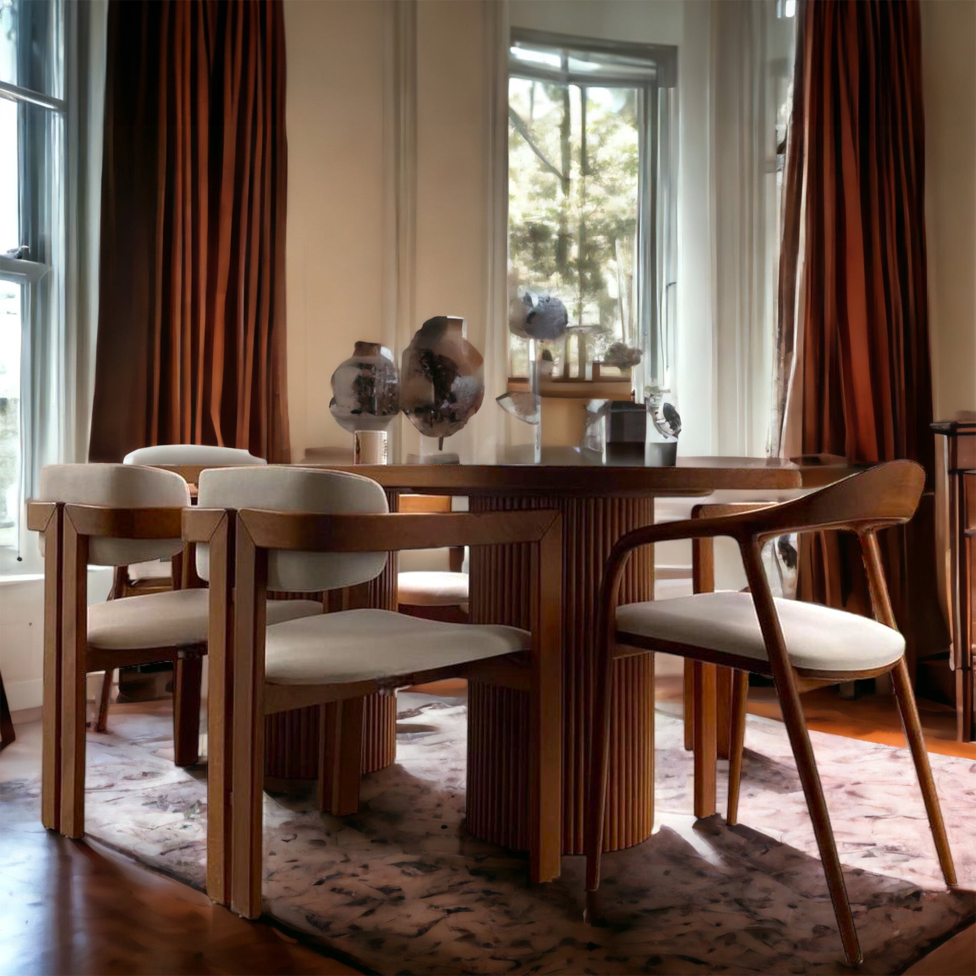 Customisation | Japandi Style Oval Wood Table and Set of 6 Midcentury Chair
