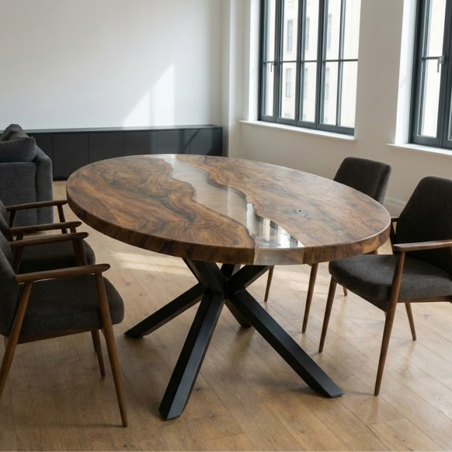 Oval Ellipse Walnut Transparent Epoxy Conference Table