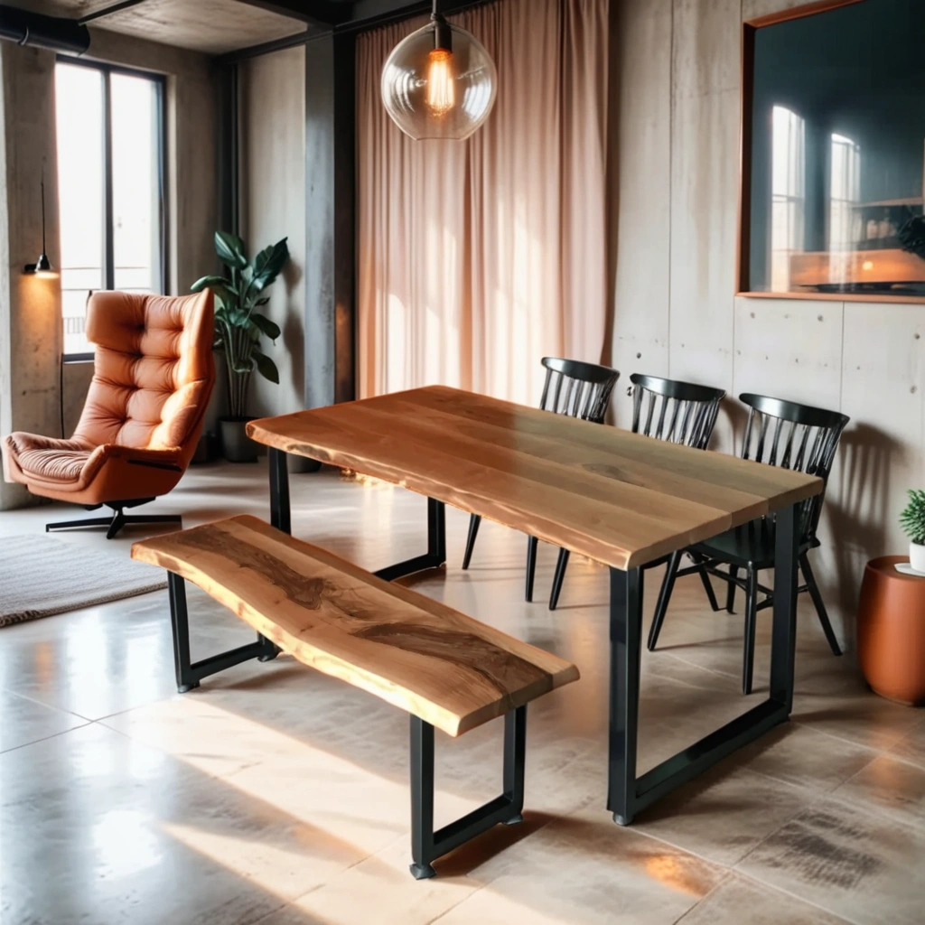 Live edge dining table top set with bench