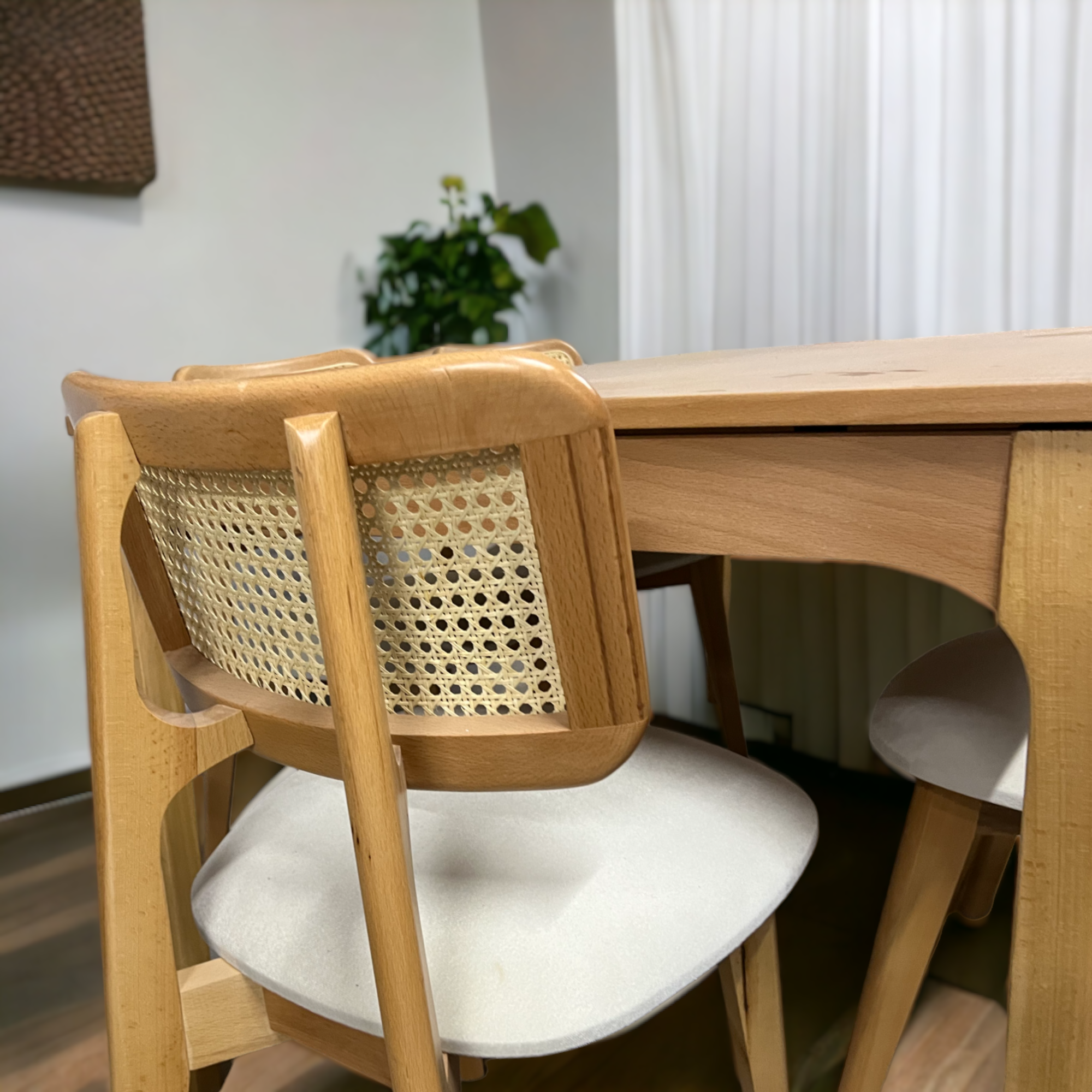 Natural Wood Rattan Dining Chair with Upholstered Seat The