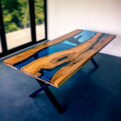 Transparent Blue Resin River Walnut Epoxy Table Conference Room