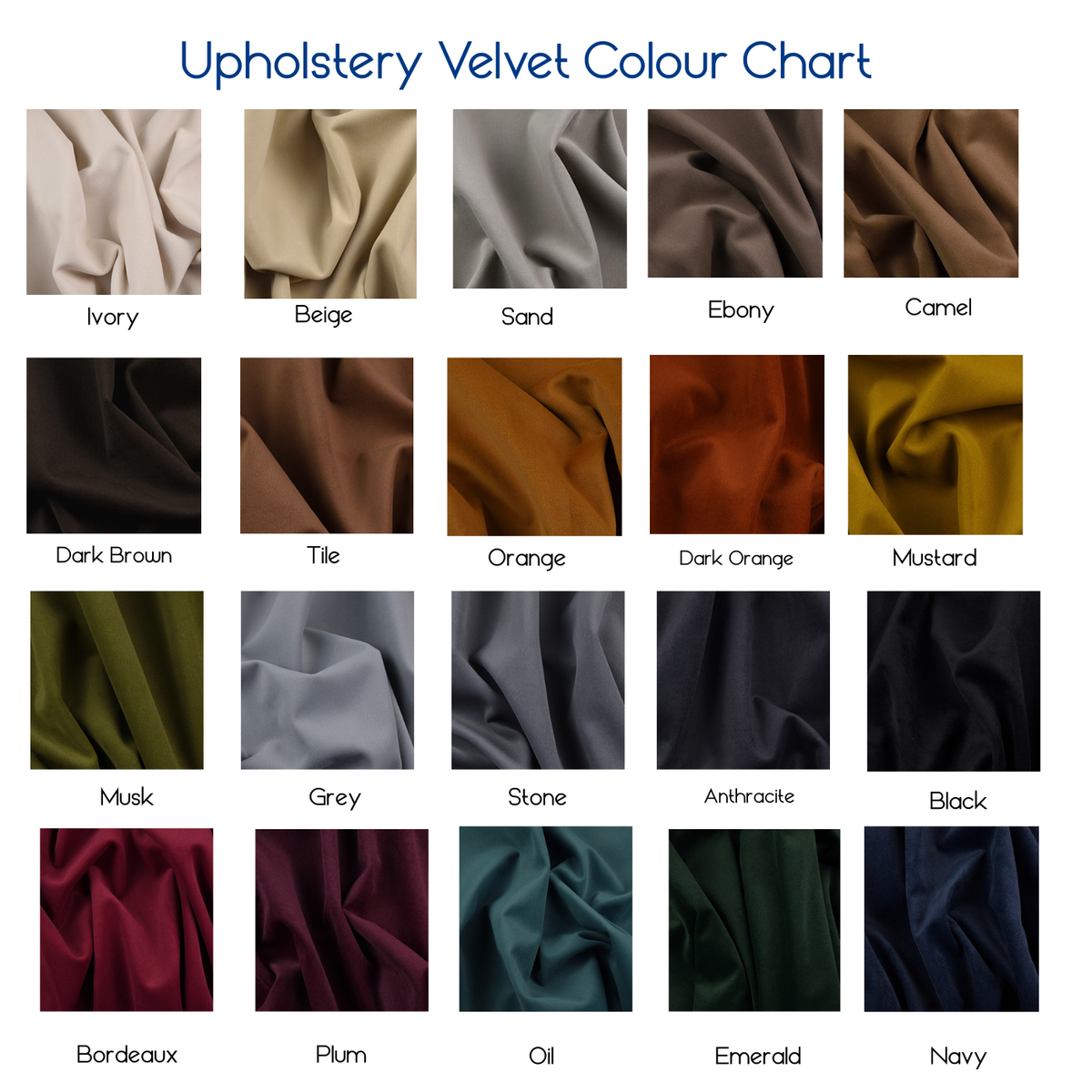 Upholstery velvet color chart with various fabric swatches.