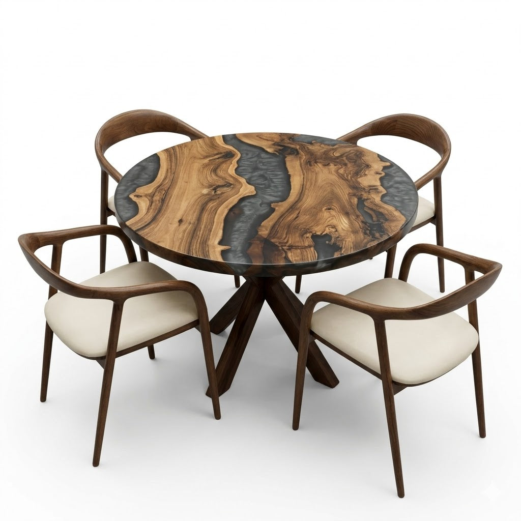 Round Walnut Grey Epoxy Resin River Table with Wood Starburst Leg
