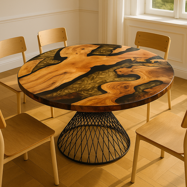 Round Gold Epoxy Resin River Table with Metal Leg