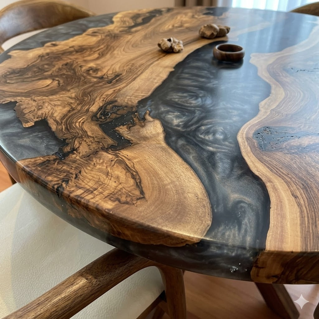 Round Walnut Grey Epoxy Resin River Table with Wood Starburst Leg
