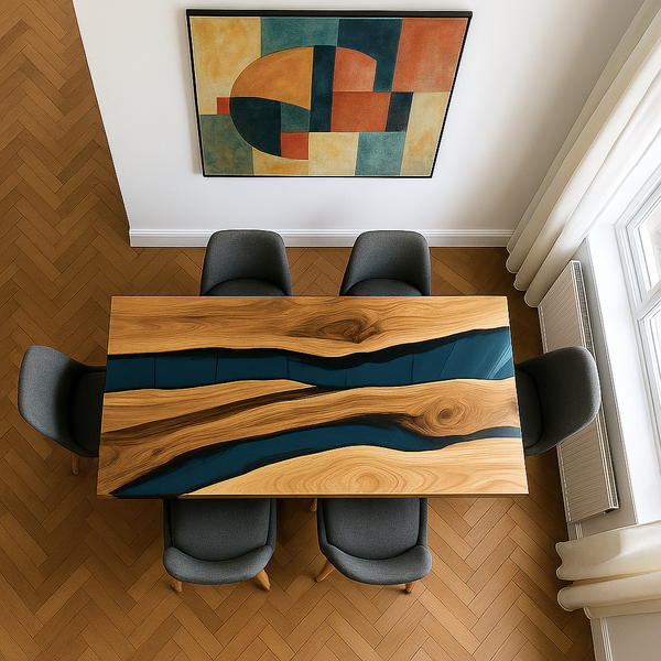 Custom-Made Live Edge Walnut Blue Epoxy Resin River Table