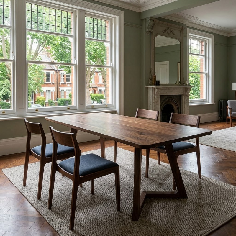 Soft-Edged Walnut Dining Table with Wood Legs in Japandi Style