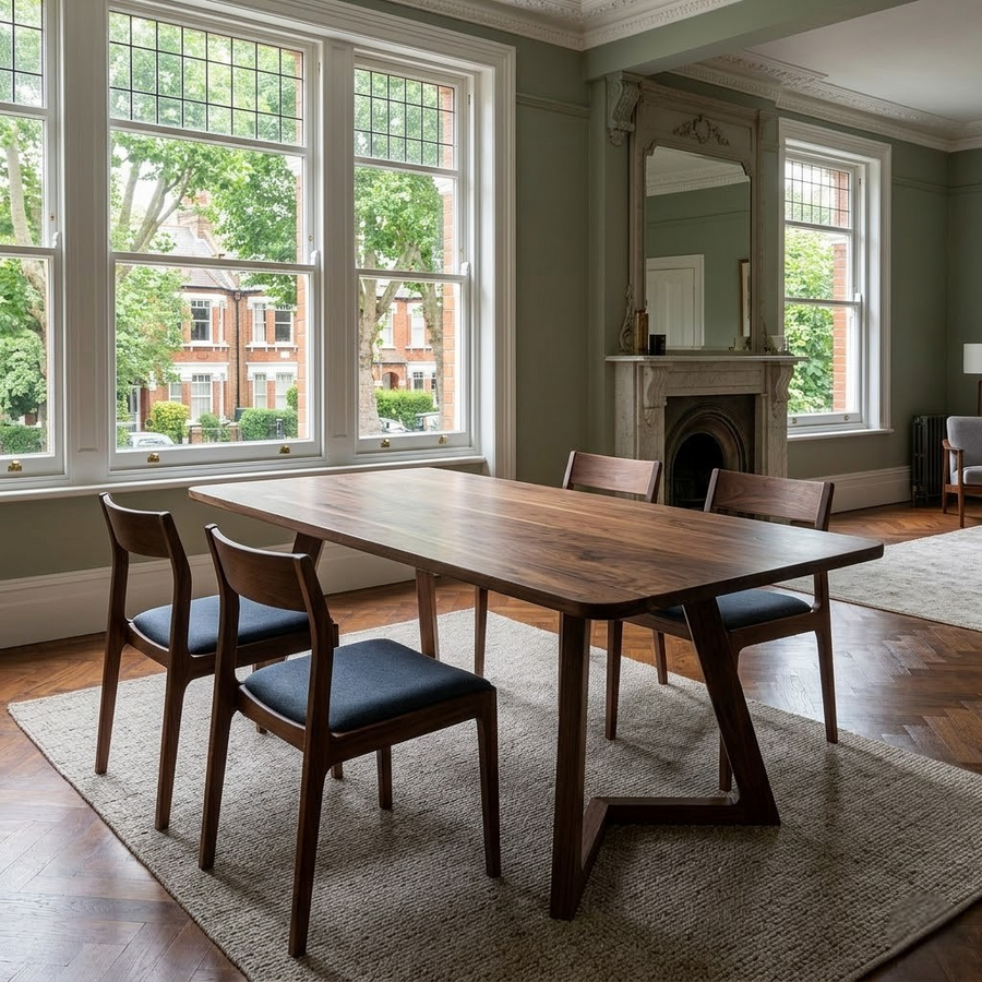 Soft-Edged Walnut Dining Table with Wood Legs in Japandi Style