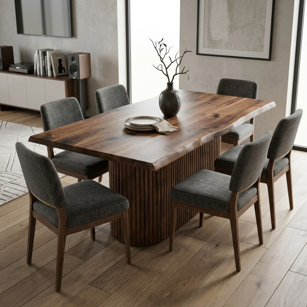 Fluted Column Live Edge Solid Walnut Dining Table – 8–10 Seater