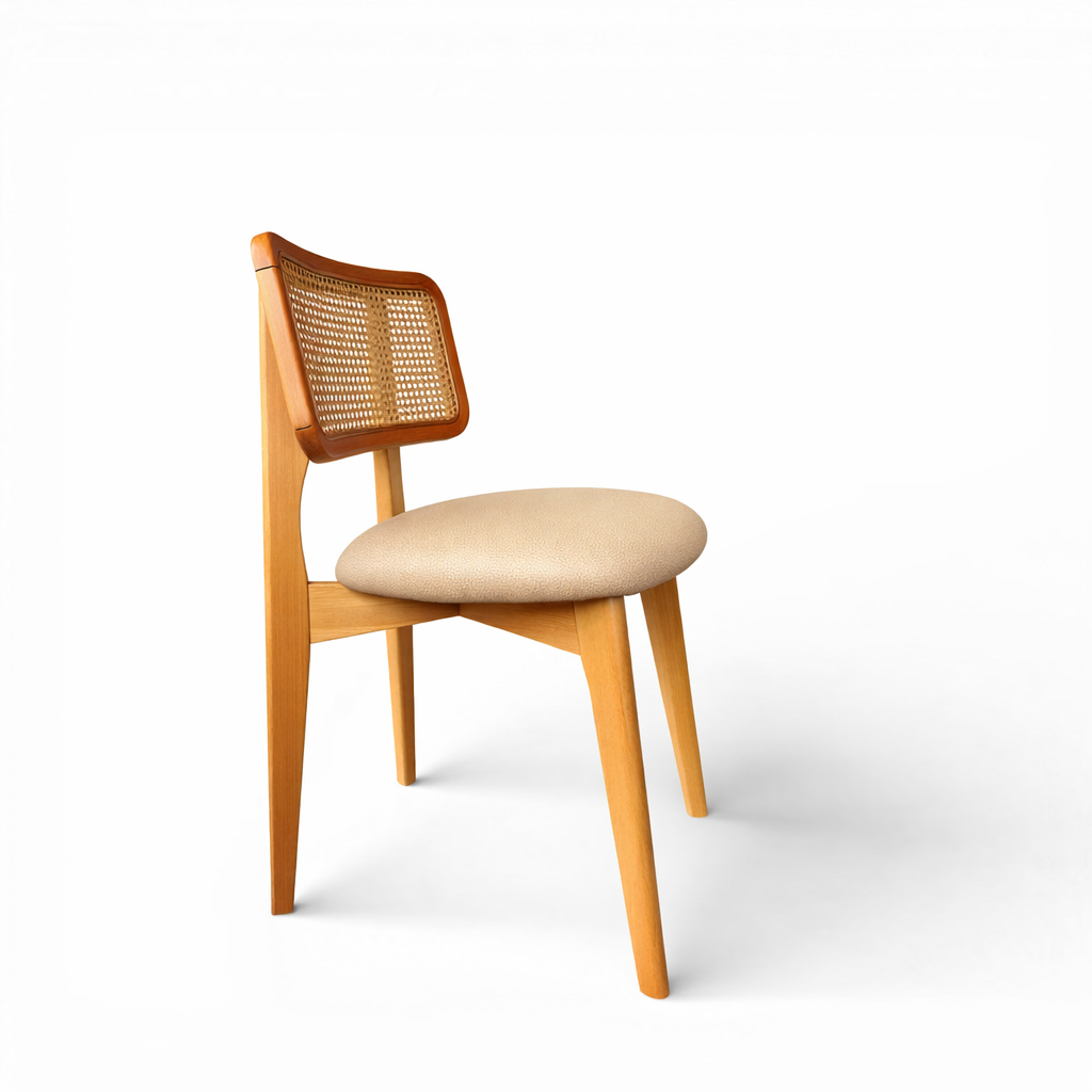 Natural Wood Rattan Dining Chair with Upholstered Seat