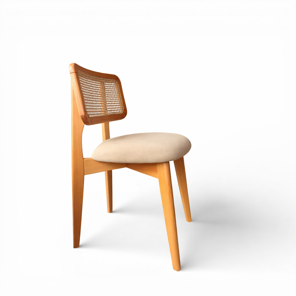 Natural Wood Rattan Dining Chair with Upholstered Seat