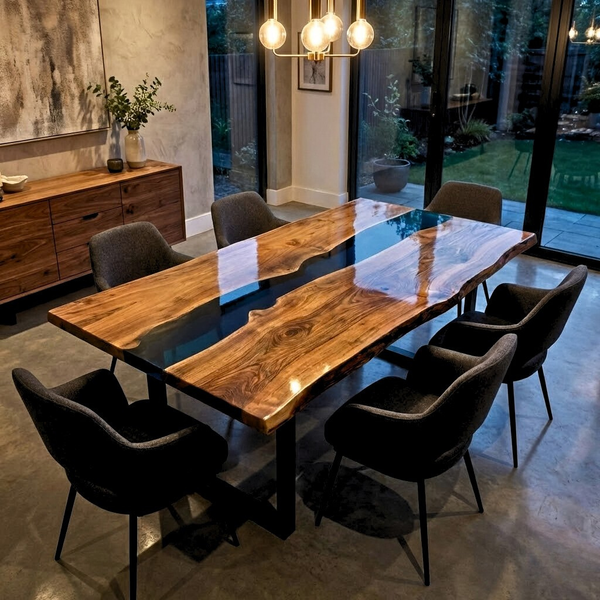Black Walnut Epoxy Dining Table | Live Edge Walnut Resin River Table