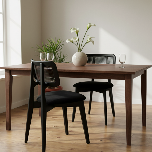 Set of 4 Black Wood Rattan Dining Chair with Upholstered Seat