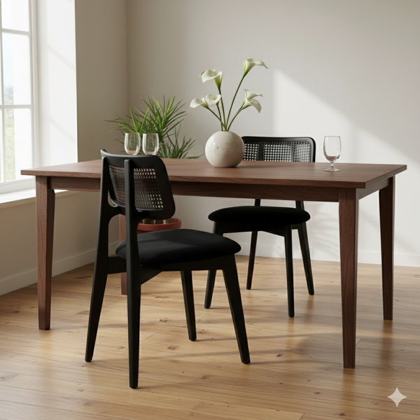 Set of 4 Black Wood Rattan Dining Chair with Upholstered Seat