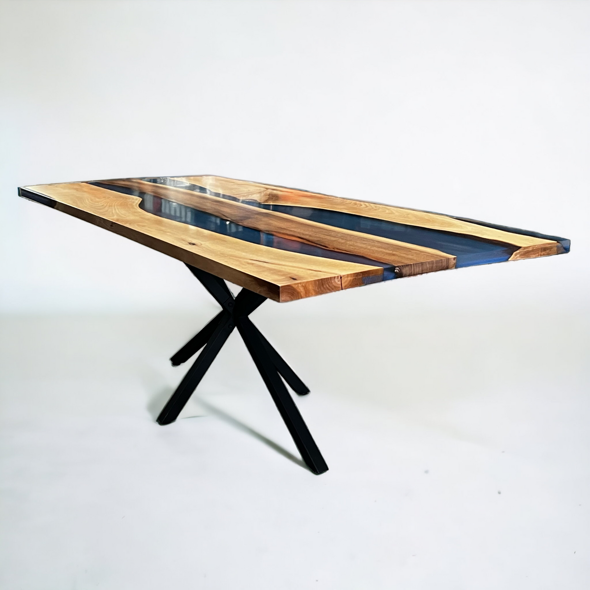 Custom-Made Live Edge Walnut Blue Epoxy Resin River Table