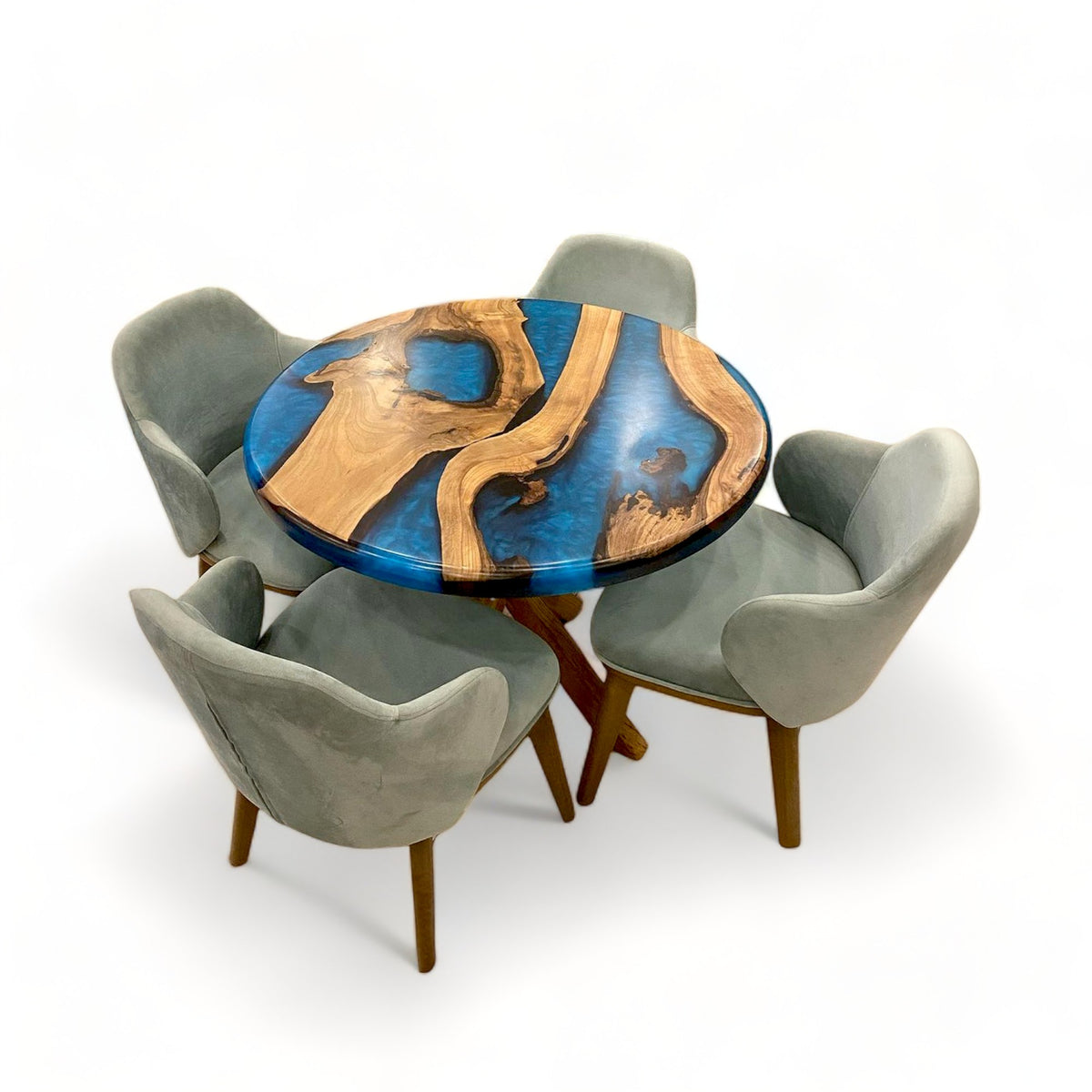 Round Walnut Blue Epoxy Resin River Table