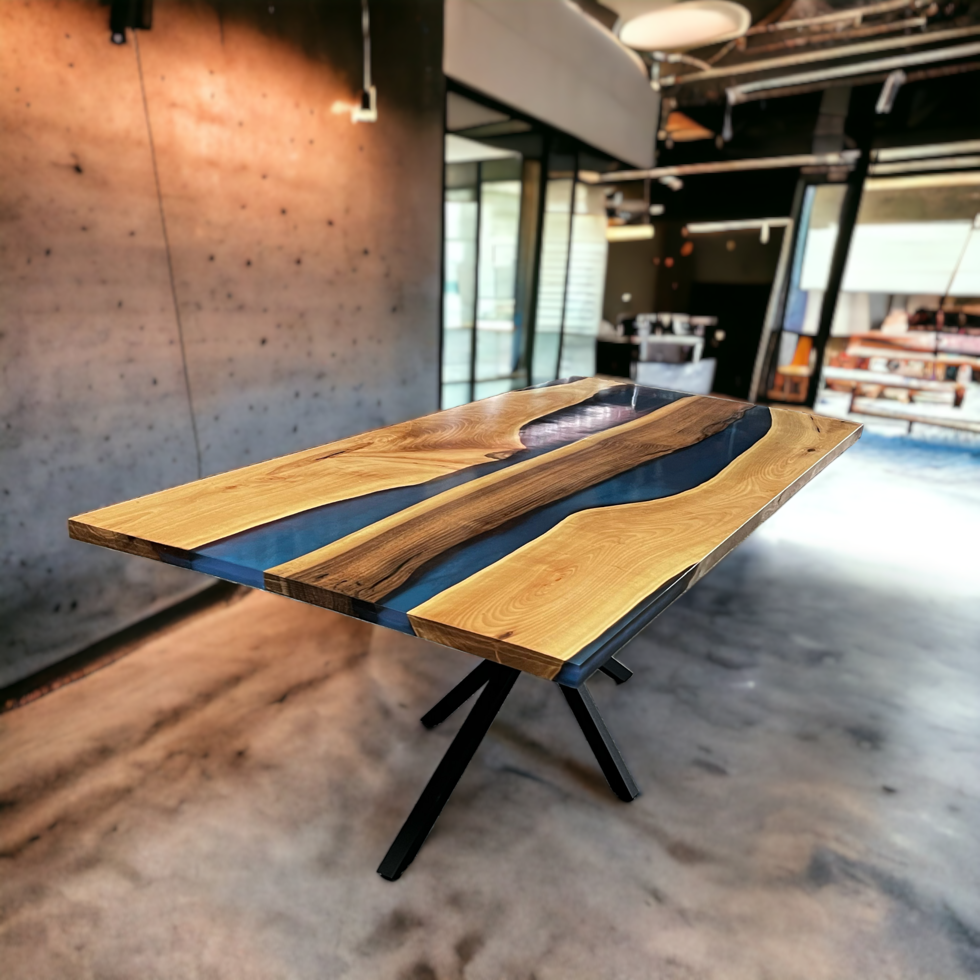 Blue resin dining top table