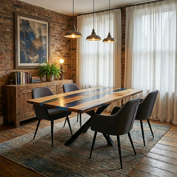 Custom-Made Live Edge Walnut Blue Epoxy Resin River Table