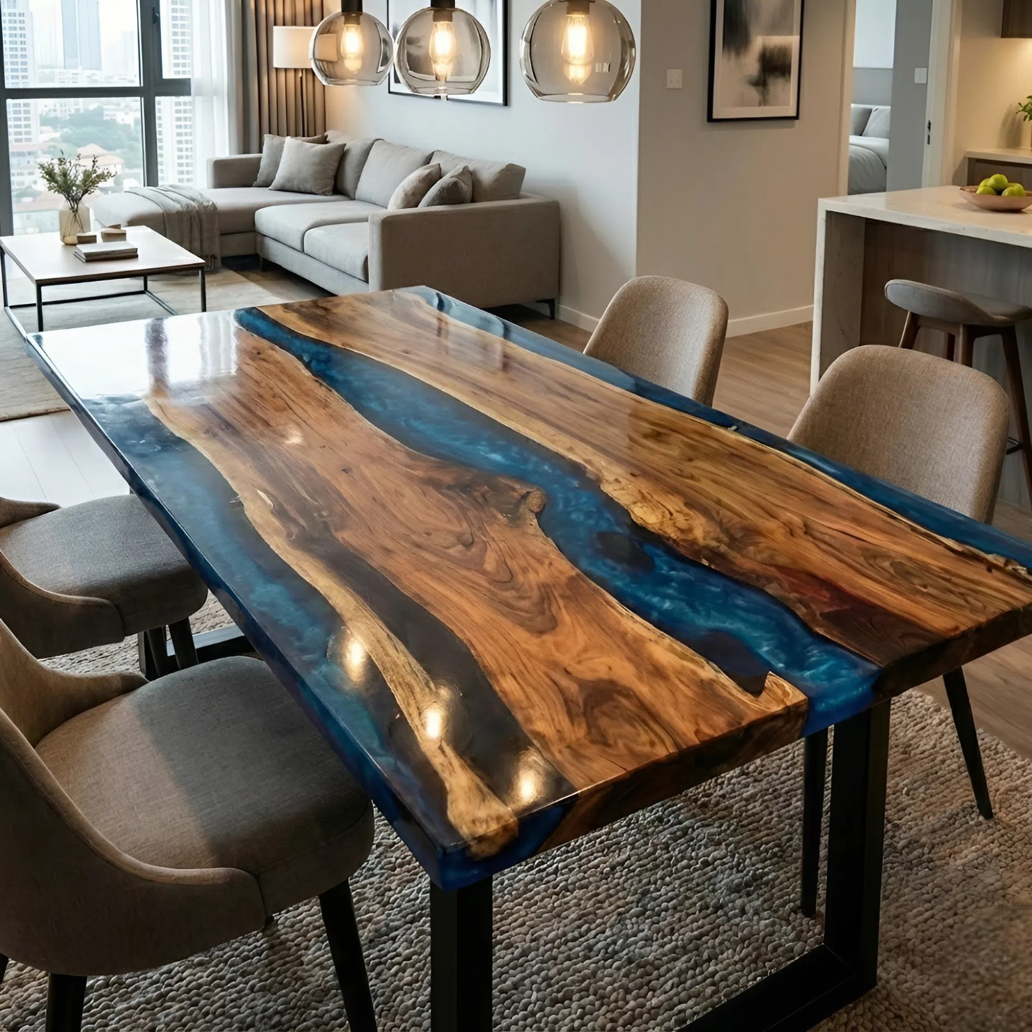Dark Blue Resin River Epoxy Table