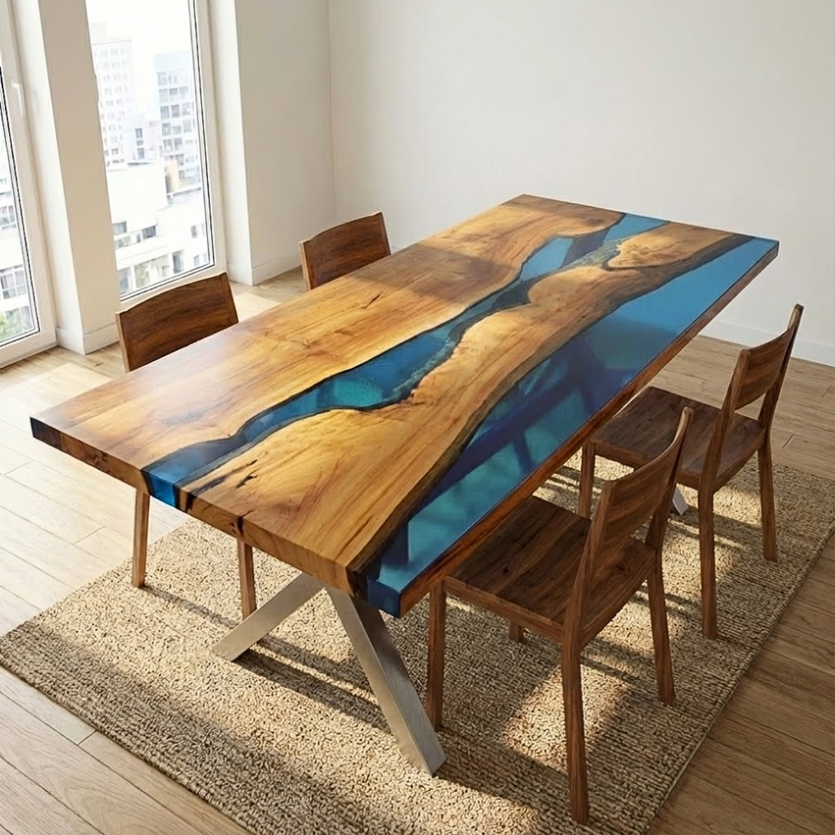Transparent Blue Resin River Walnut Epoxy Table | Conference Room Table