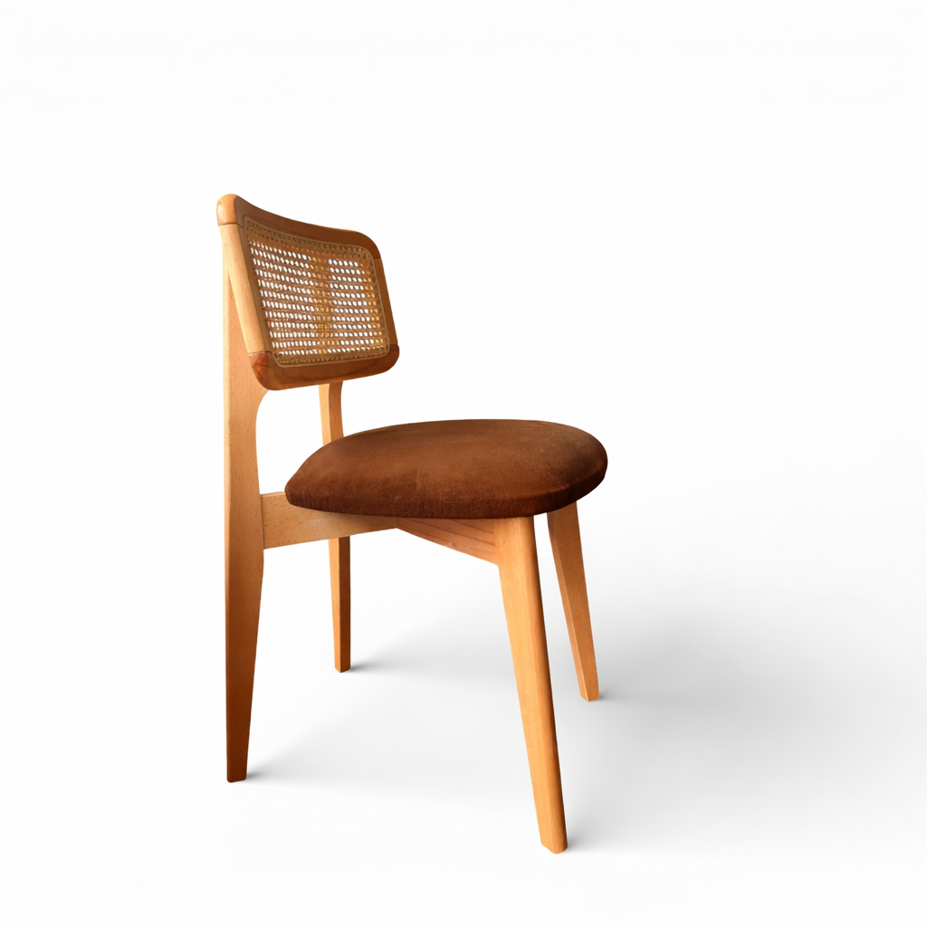Natural Wood Rattan Dining Chair with Upholstered Seat