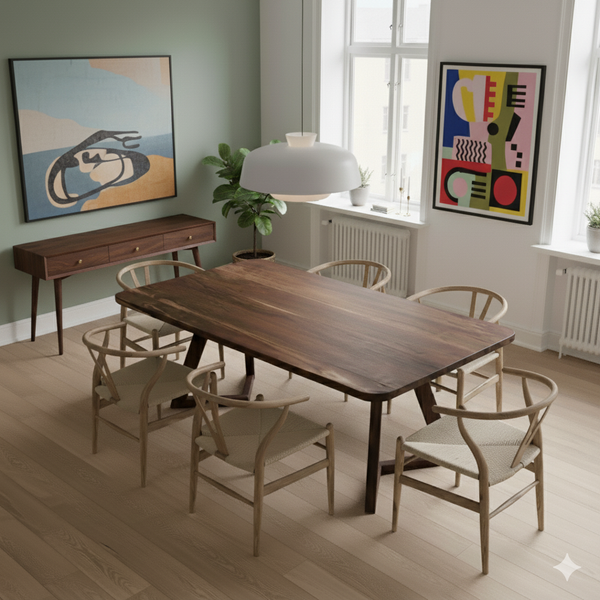 Soft-Edged Walnut Dining Table with Wood Legs in Japandi Style