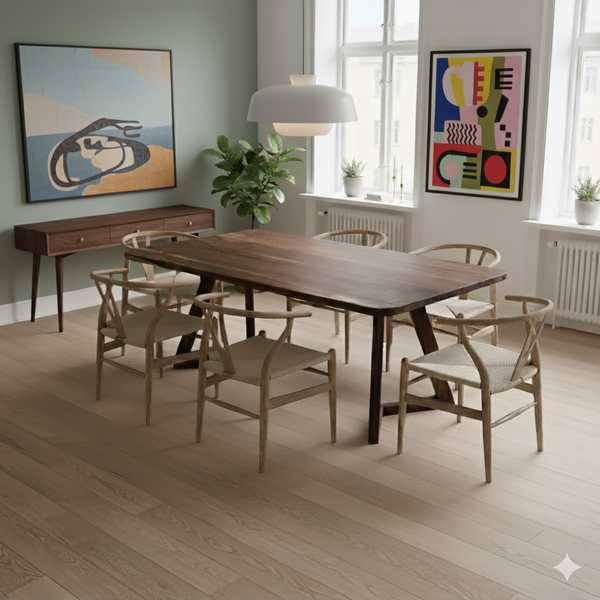 Soft-Edged Walnut Dining Table with Wood Legs in Japandi Style
