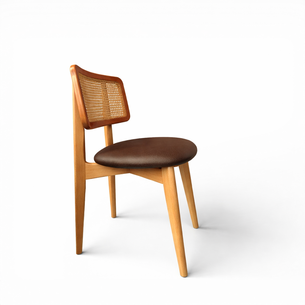 Natural Wood Rattan Dining Chair with Upholstered Seat