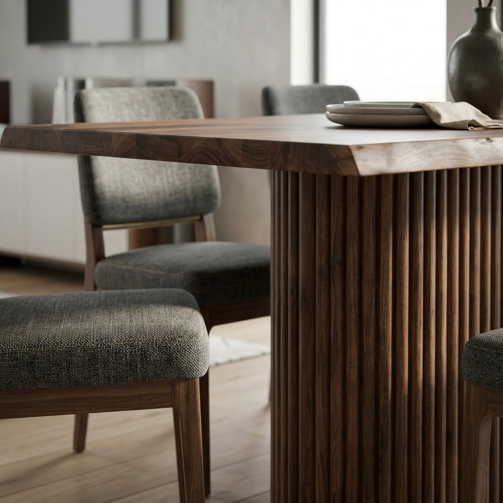 Fluted Column Live Edge Solid Walnut Dining Table – 8–10 Seater
