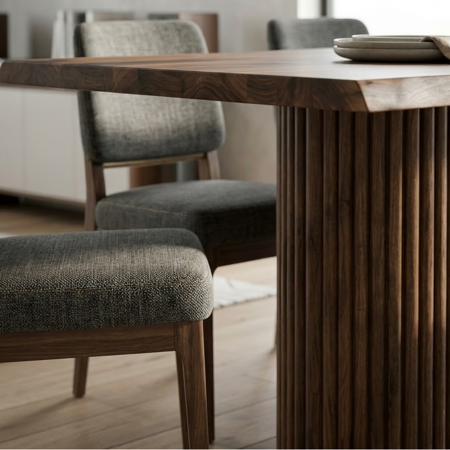 Half Fluted Column Solid Walnut Dining Table – 8–10 Seater