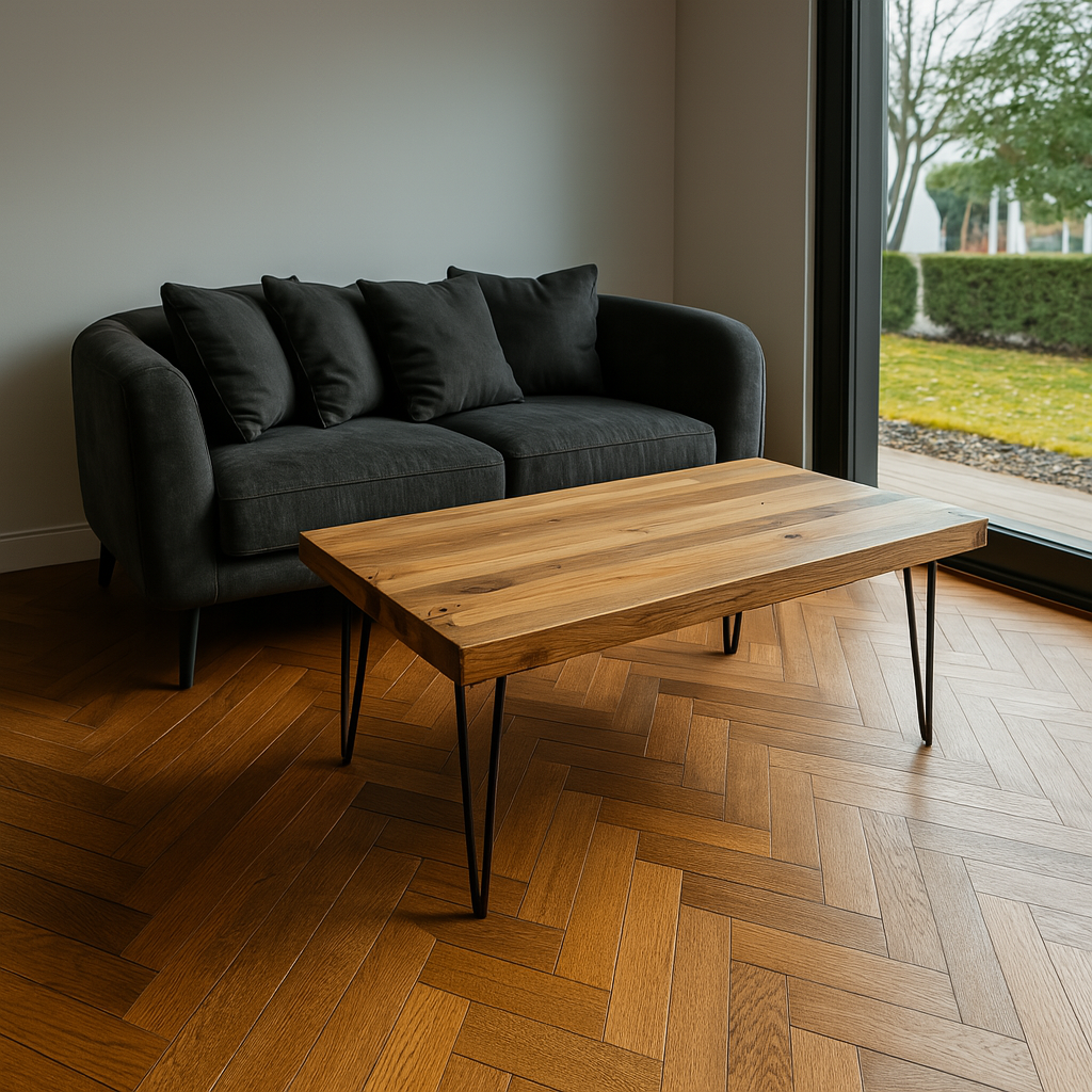Solid Wood Coffee Table with Hairpin Legs | 100*56, 120*67 Size | Industrial Coffee Table | Rustic, Recycled, Reclaimed, Walnut Coloured