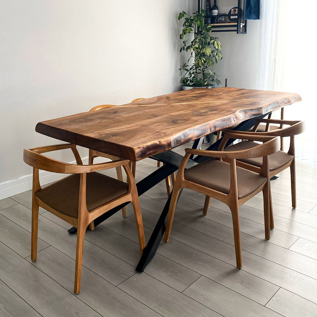 Live Edge Walnut Dining Table with Metal Legs | 6 or 8 or 10 Seater Industrial Design Walnut Table