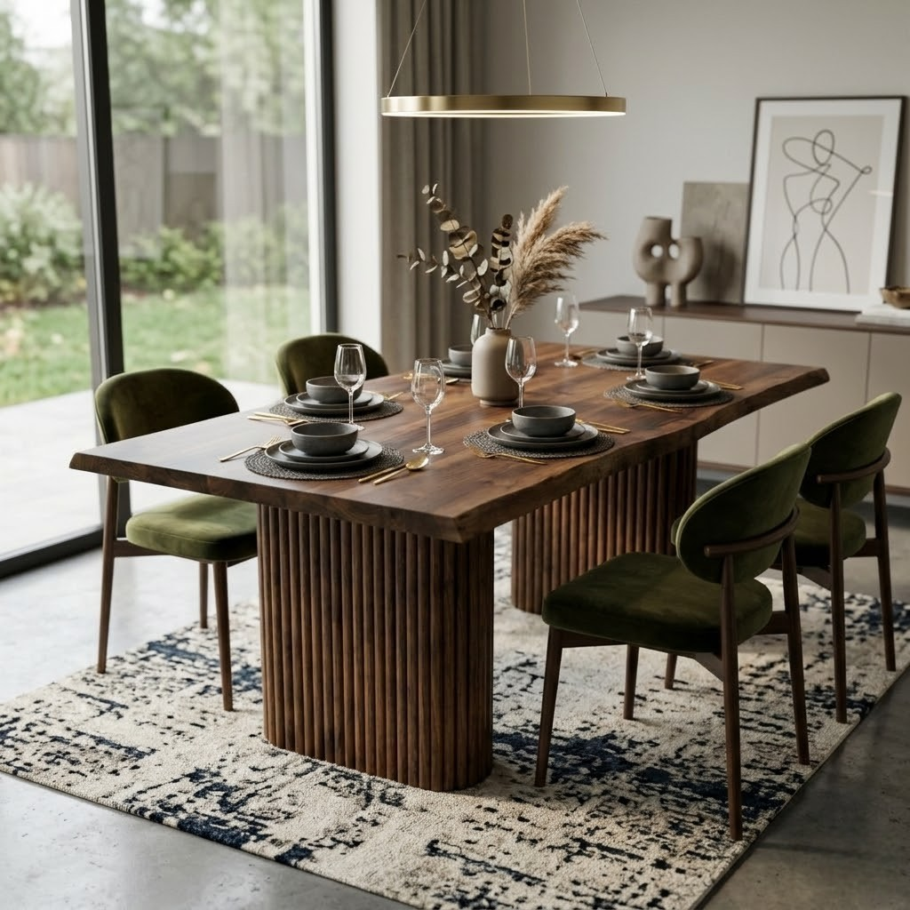 Half Fluted Column Solid Walnut Dining Table – 8–10 Seater